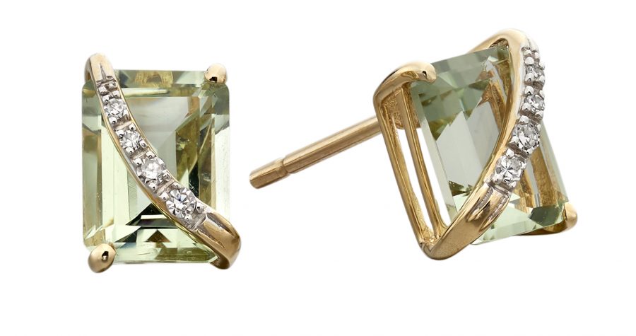 9ct Gold Green Amethyst Diamond Stud Earrings