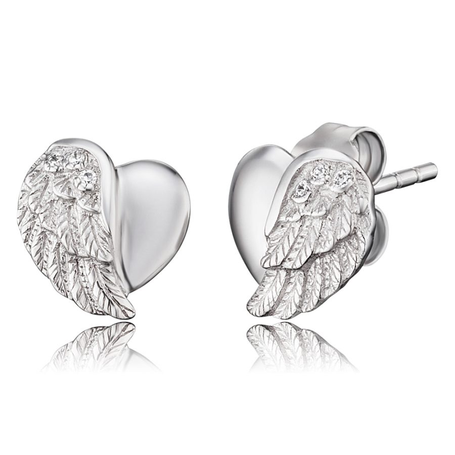Angel Whisperer Silver Heart Wing Stud Earrings