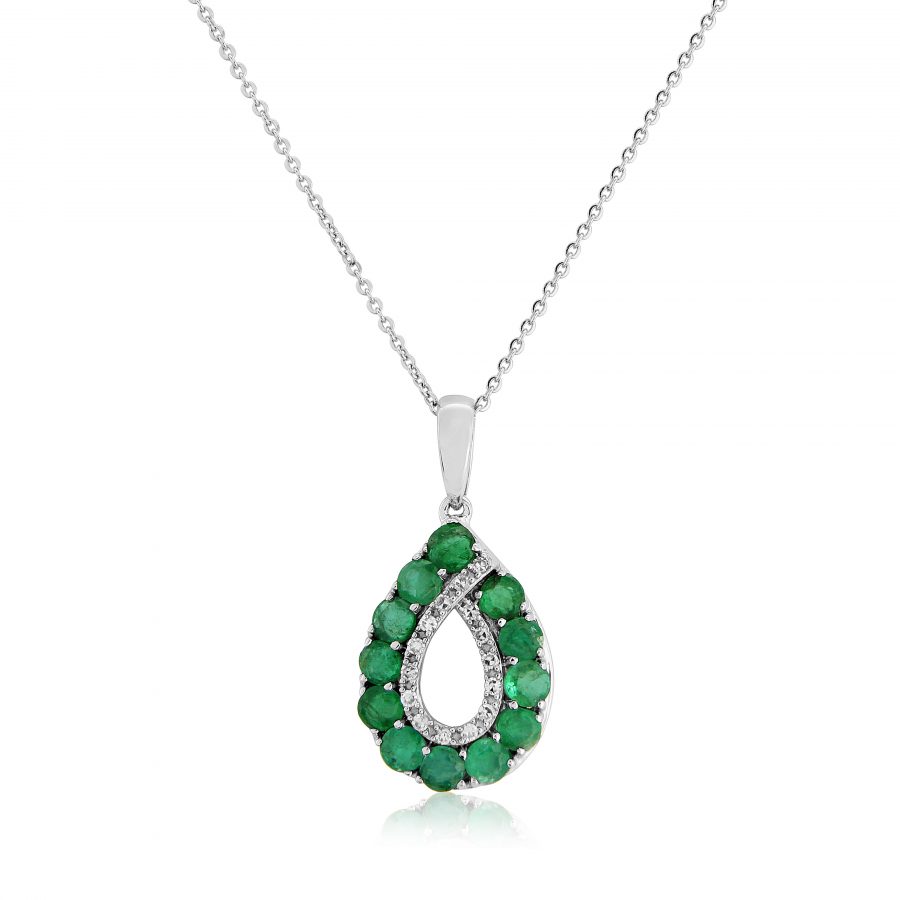 White Gold Emerald and Diamond Pendant and Chain
