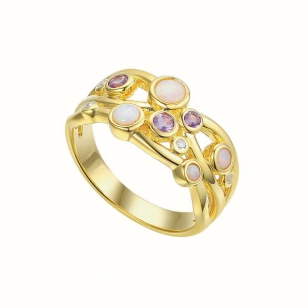 9ct Gold Amethyst Opal & Diamond Bubble Ring